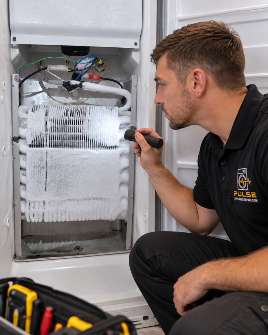Pulse Appliance Repair technician inspecting a heavily frosted Frigidaire side-by-side evaporator in North Augusta SC