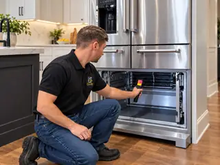 Pulse technician checking refrigerator evaporator performance with a thermal camera after sealed-system service