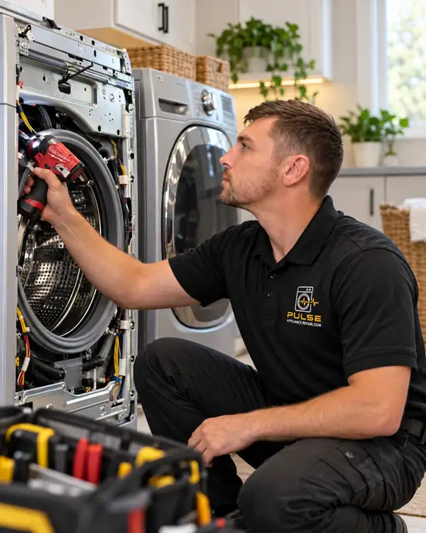 Pulse technician servicing an LG front-load washer during drain pump repair in Evans, GA