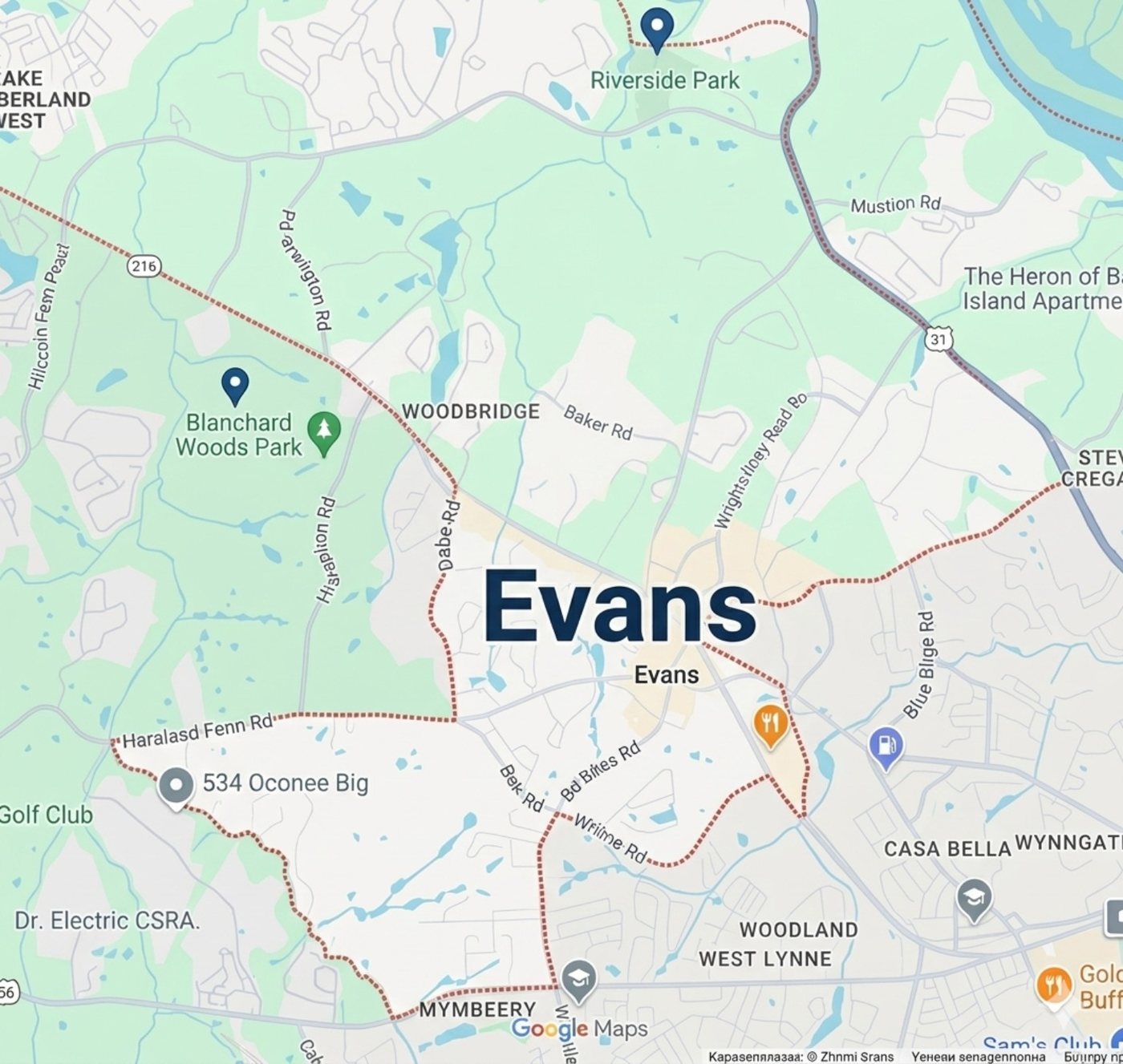 Evans GA service area map for Pulse Appliance Repair