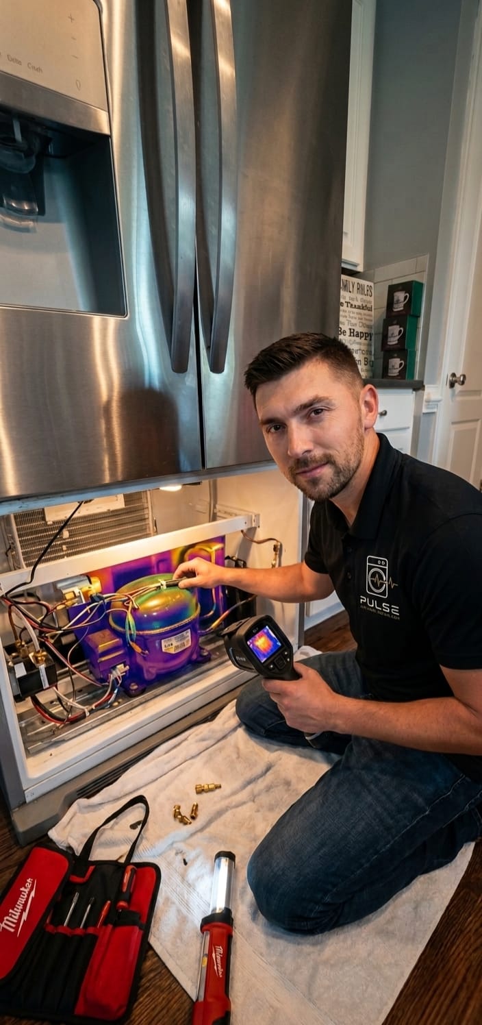 Pulse technician diagnosing a refrigerator cooling system in a customer home