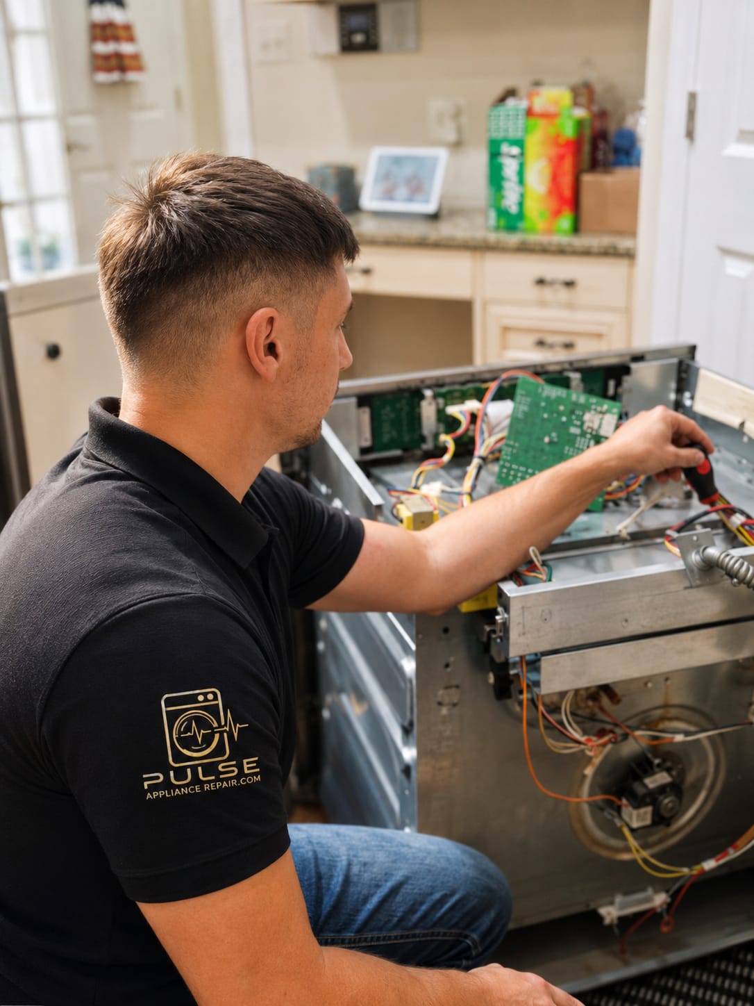Pulse technician inspecting an appliance control board