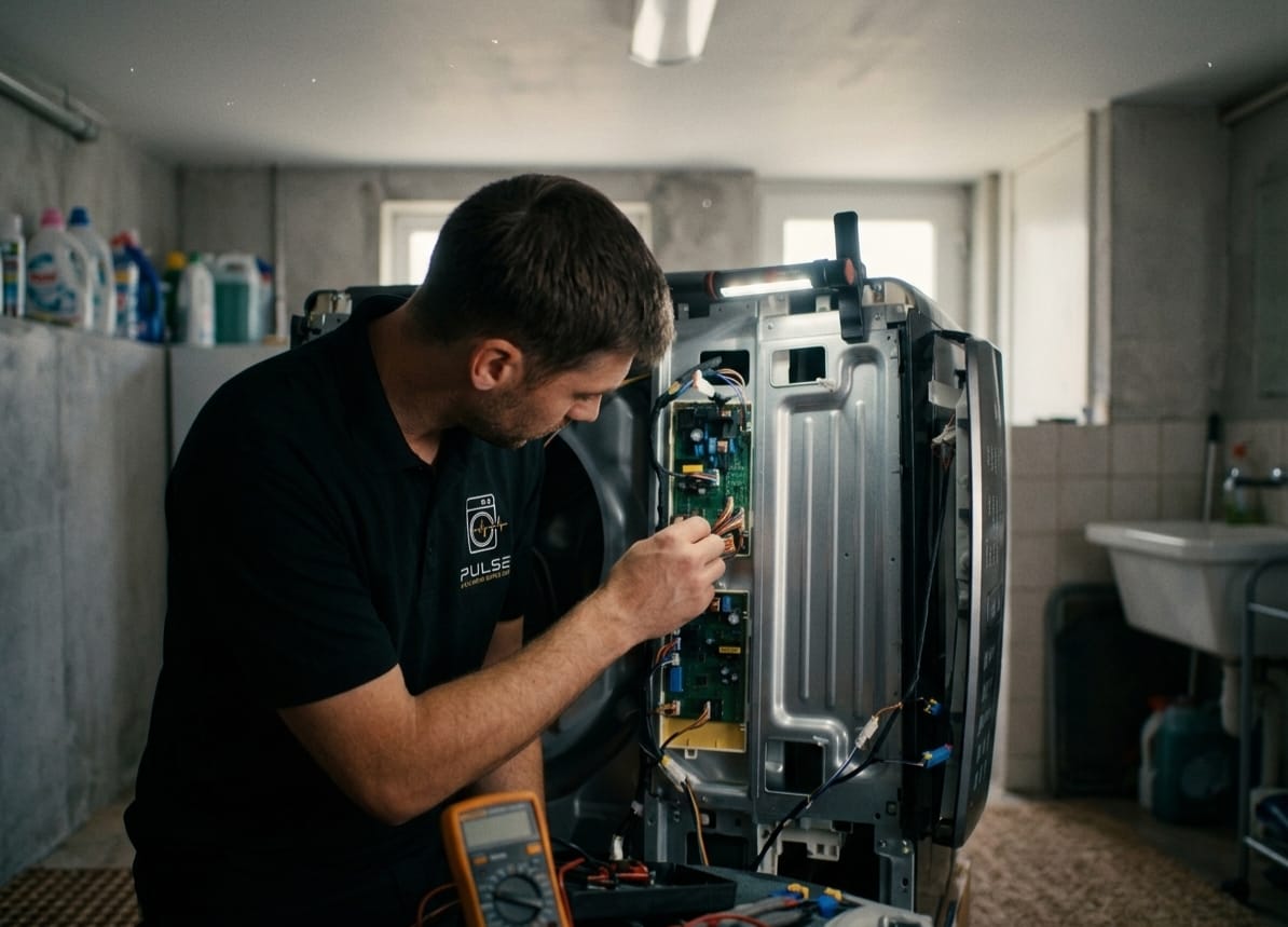 Pulse technician inspecting an appliance electronic control board