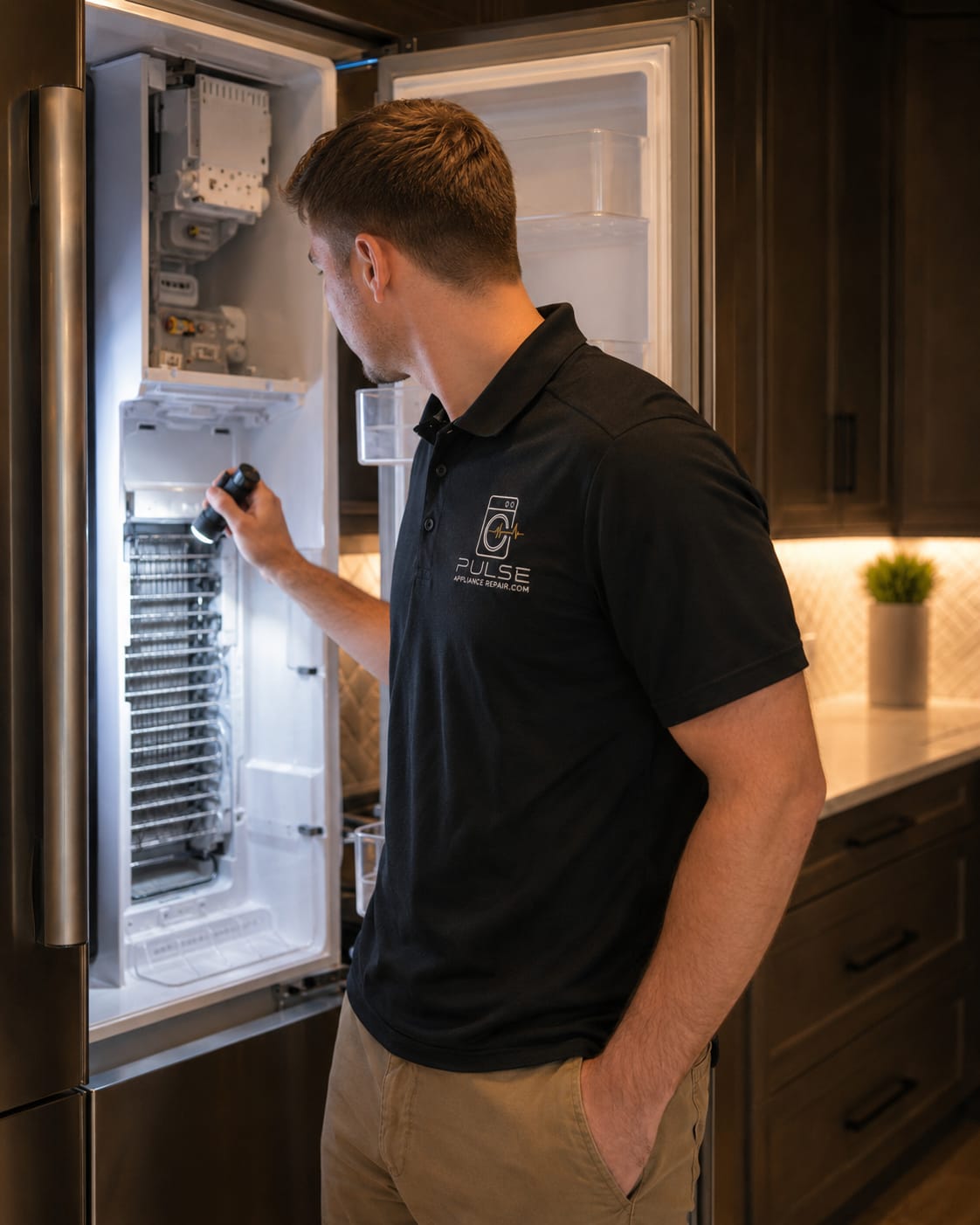 Pulse appliance technician inspecting a refrigerator cooling system